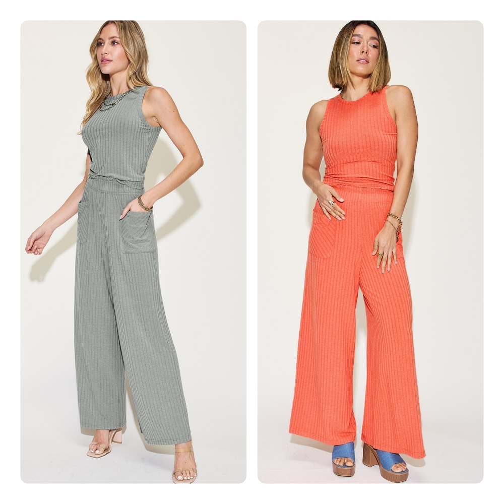 Gray Ribbed Tank and Wide Leg Pants Set - Picture 7 of 10